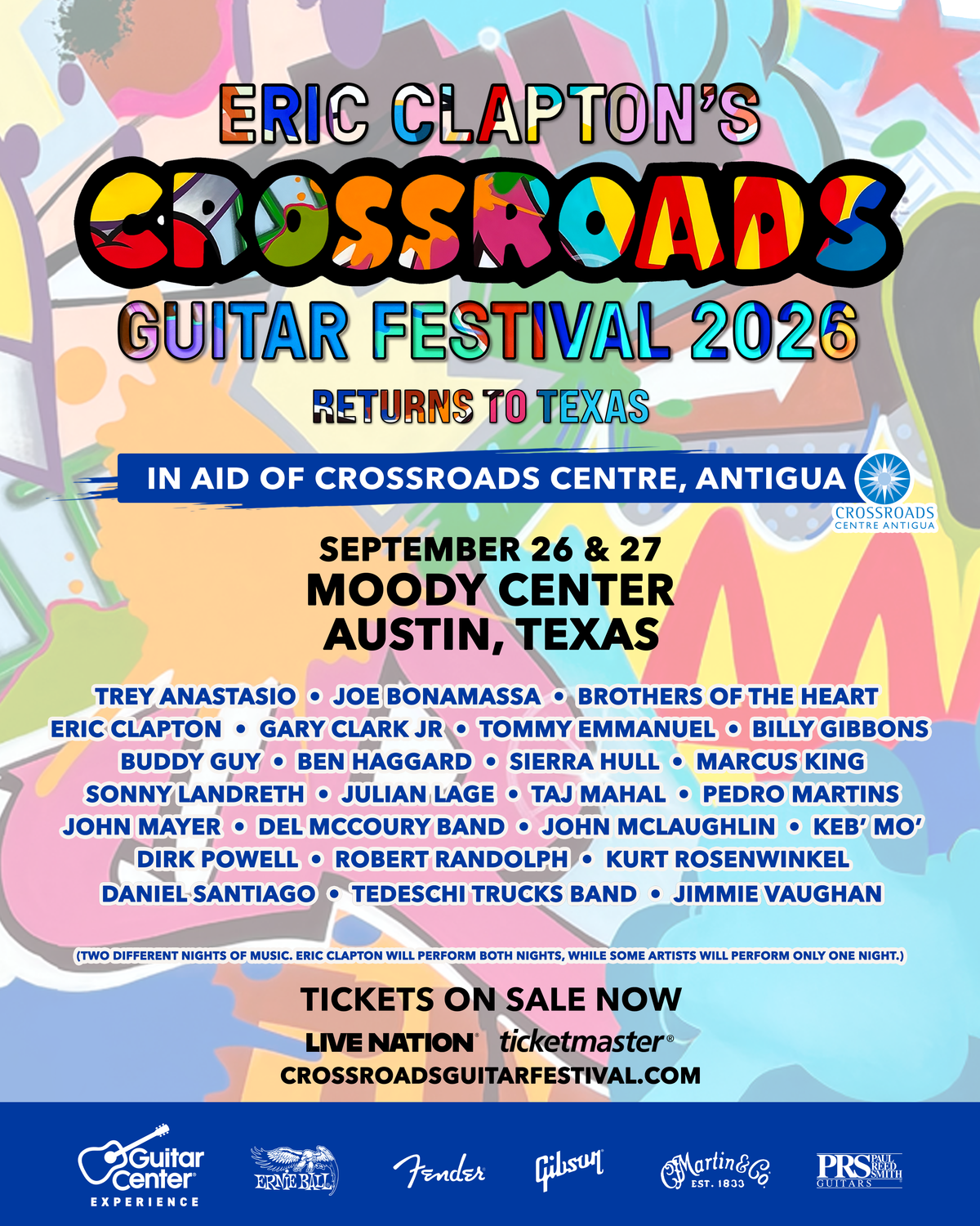 Crossroads Guitar Festival 2026 poster with a black-and-white guitar illustration and the updated Austin artist lineup in red and cream type